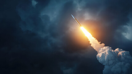 A nuclear missile ascends into the sky, propelled by a powerful rocket flame, amidst dark, swirling clouds. The launch signifies a critical moment in global defense strategy