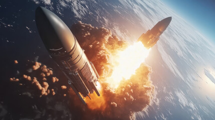 Two nuclear missiles ignite and ascend into the sky from a launch platform as part of a global space defense initiative during evening hours, showcasing advanced aerospace capabilities