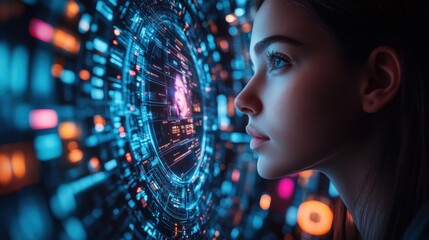 Futuristic Digital Globe Interconnected Technology Human Faces Cyberpunk