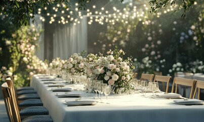 Elegant outdoor wedding setup with floral centerpieces, white linen tablecloths, and delicate string lights creating a dreamy ambianc