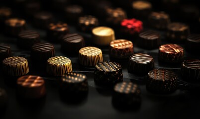 Assorted gourmet chocolates arranged on a sleek black surface, their glossy textures and intricate designs highlighted by dramatic lighting