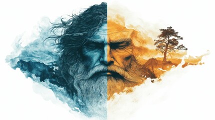 Dual nature of man, a captivating portrait where contrasting colors and landscapes symbolize opposing forces within a single individual.