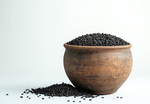 Black cumin seeds in a rustic clay pot against a light background, showcasing health benefits and culinary uses in vibrant food photography