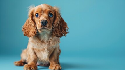 Looking so sweet and full of hope. English cocker spaniel young dog is posing. Cute playful braun doggy or pet is sitting isolated on blue background. Concept of motion, action, movement.