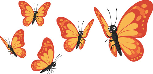Butterflies in various sizes showcasing vibrant orange and black details in flat vector art