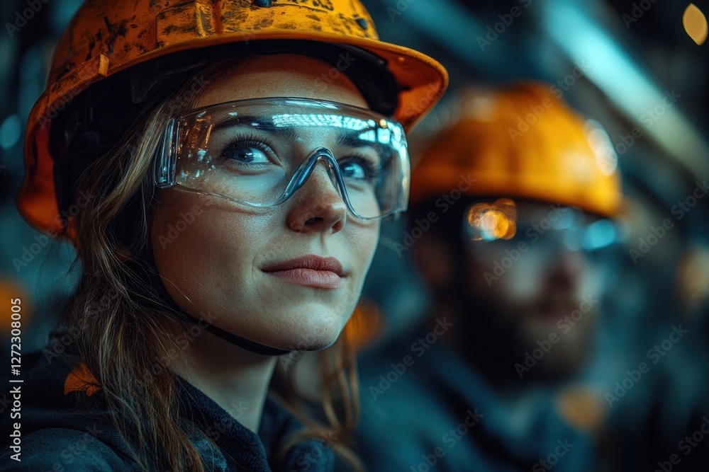 Poster engineers discussing setup in modern factory with safety helmets and machines