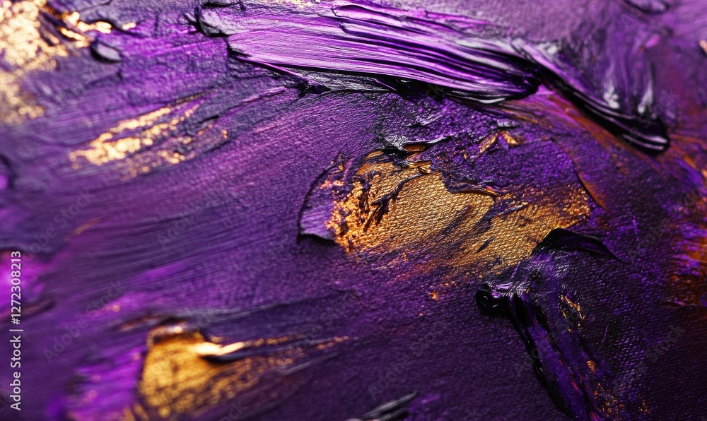 Poster close-up of vibrant abstract brushstrokes in shades of purple and gold on a textured canvas, soft li