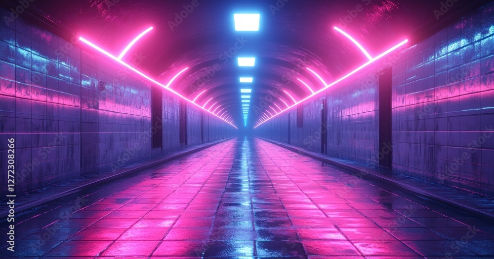 Aufkleber neon corridor 3d rendering with geometric shapes in dark tunnel and laser glow