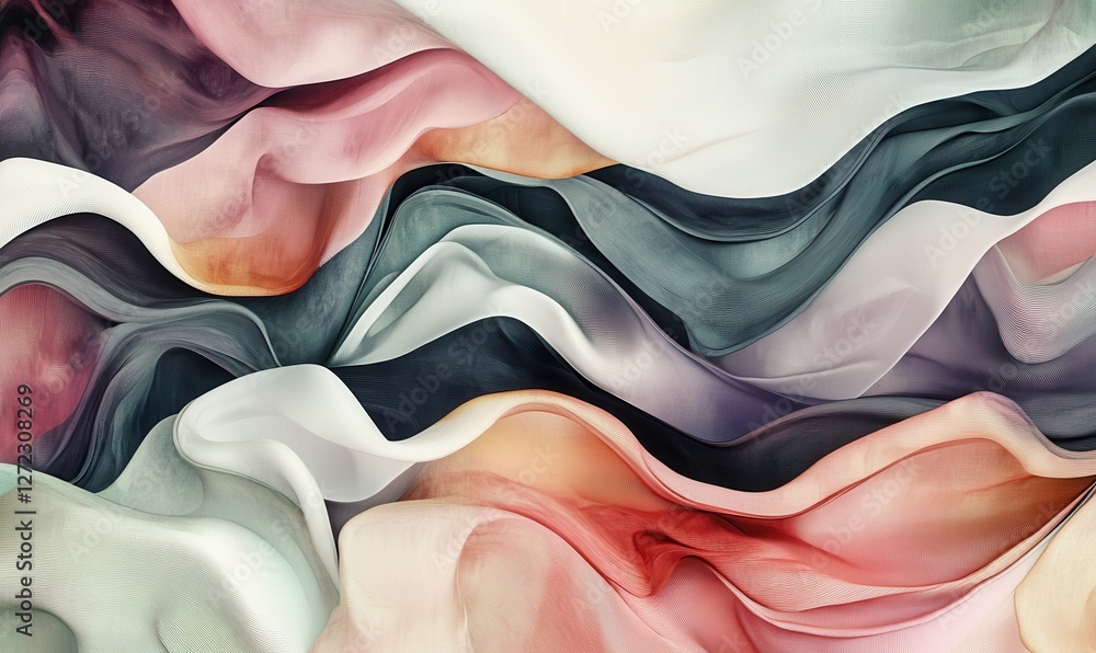 Poster digital art with fluid shapes in pastel colors, soft gradients creating a smooth, flowing visual com