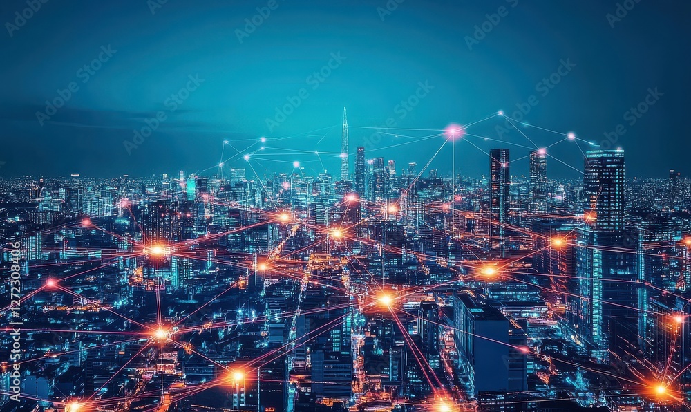 Poster digital city with glowing skyscrapers connected by vibrant data streams, advanced tech atmosphere wi