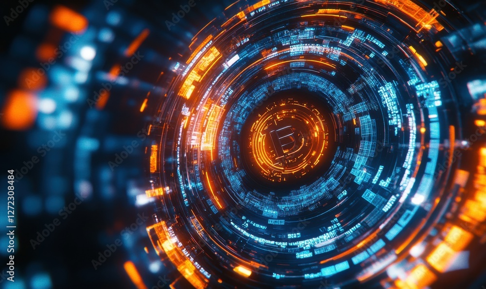 Poster digital crypto exchange interface glowing in vibrant blue and orange hues, dynamic data streams form