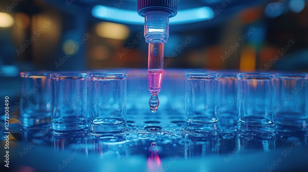Poster precision liquid dropping into test tube in modern laboratory setting