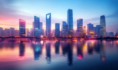 Futuristic city skyline at dusk with glowing skyscrapers, reflections shimmering on the nearby rive