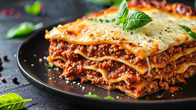 Traditional lasagna with beef bolognese and bechamel sauce, garnished with basil, Ai Generated.