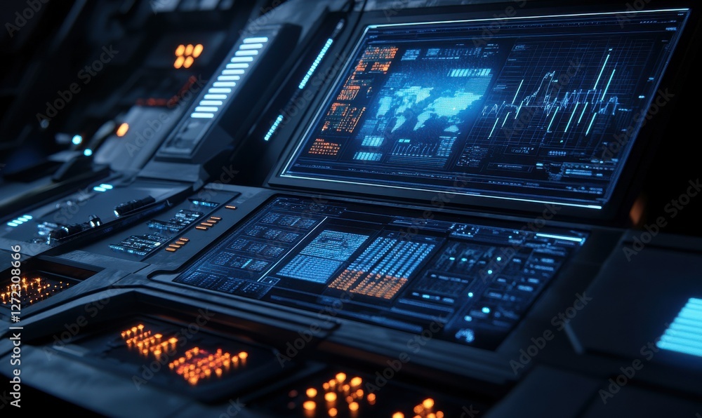 Poster digital futuristic interface with glowing charts and data panels, deep blue tones creating a high-te