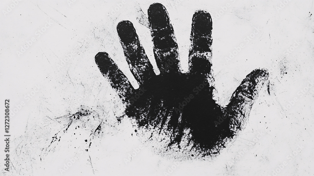 Poster a bold black handprint on a white background creating a raw expressive and symbolic artistic represe