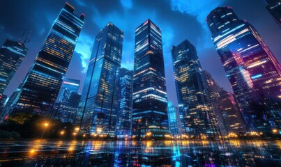 Obraz premium Futuristic cityscape at night, featuring glowing neon lights and towering glass buildings reflecting the vibrant atmosphere.