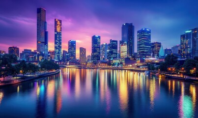 Fototapeta premium Futuristic cityscape with sleek skyscrapers glowing under the twilight sky, vibrant lights reflecting on the calm river