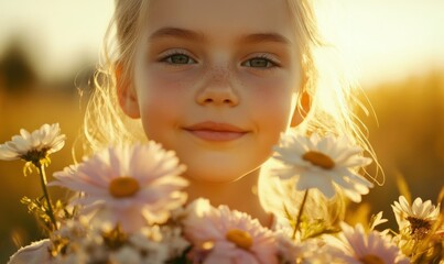 Fototapeta premium Close-up portrait of a young girl holding a bouquet of fresh flowers, soft golden light illuminating her cheerful expression, clean and vibrant, sharp and natural