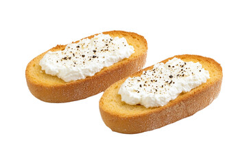 Two slices of bread with a white filling and black pepper sprinkled on top, isolated