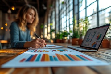 Fototapeta premium Business Analysis and Finance Review Woman with Graphs and Charts in Modern Workspace
