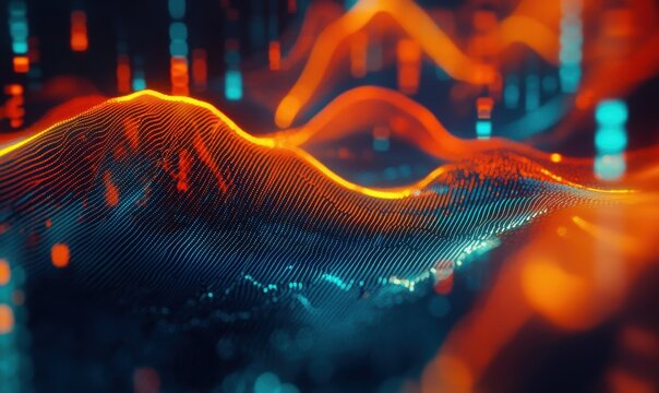 Digital futuristic financial graph glowing in vibrant orange and blue, dynamic trend lines highlighting stock growth, bold tech theme, clean modern tones