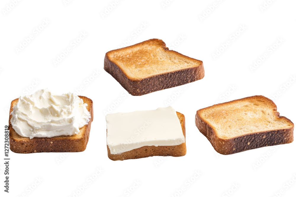 Poster three slices of toast with butter and cheese on top, isolated