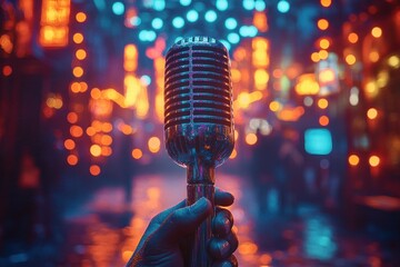Live Concert Background with Microphone and Stage Lights for Karaoke and Singing Concept