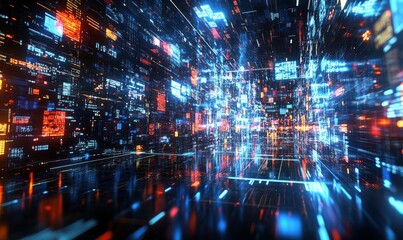 Digital representation of a futuristic smart city with glowing skyscrapers and vibrant data streams, clean high-tech urban environment, bold modern design