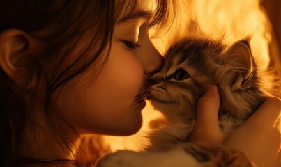 Little girl holding a fluffy kitten near her face, warm soft lighting creating a tender mood, sharp focus on fur detail