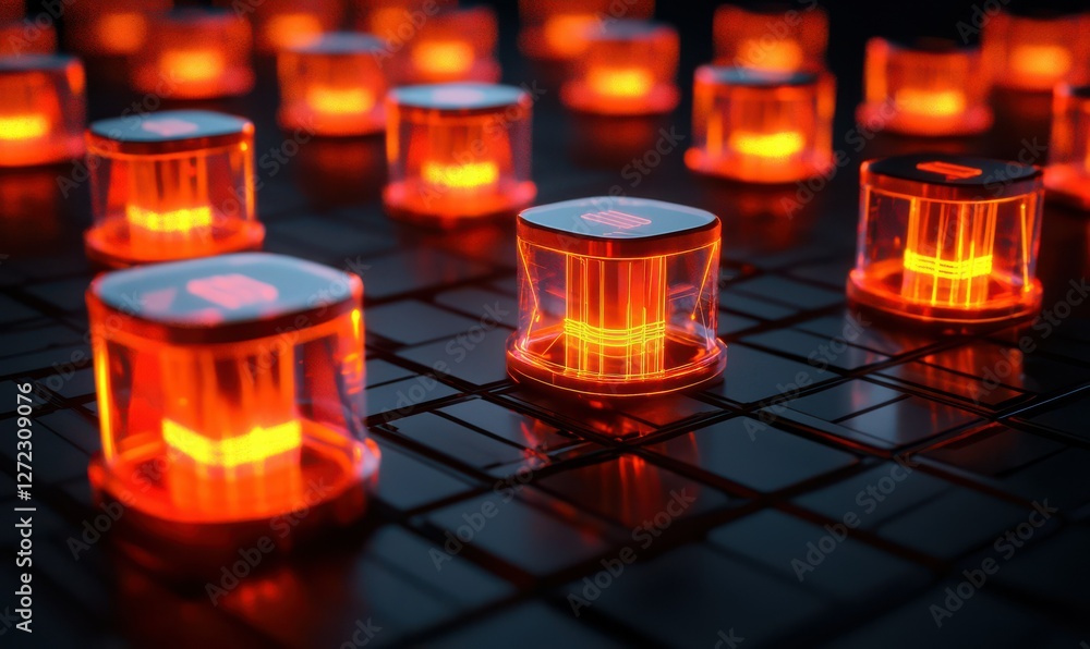 Poster group of interconnected glowing processors floating above a sleek black grid, vibrant orange and red