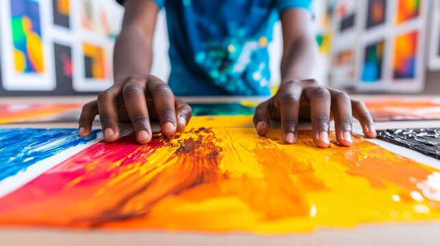 A young Black child's hands gently touch vibrant, colorful paint, exploring a world of artistic expression.