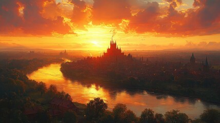 Fototapeta premium Sunset Over Heidelberg Castle and Neckar River Cityscape