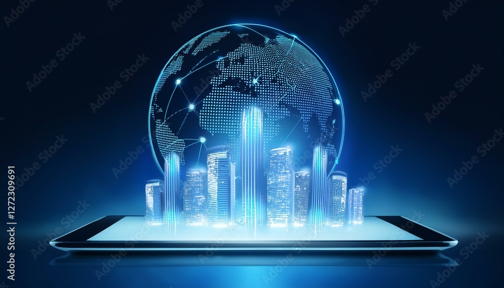 Poster digital tablet with global network connection technology and modern buildings hologram. generated im
