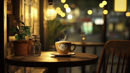 Warm light from Edison bulbs casts a gentle glow over a steaming cup of coffee, creating a cozy atmosphere perfect for unwinding after a long day. A leafy plant adds a natural touch