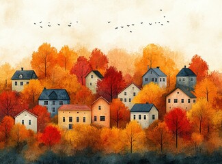 Whimsical Autumn Houses and Trees Watercolor Illustration in Playful Storybook Style