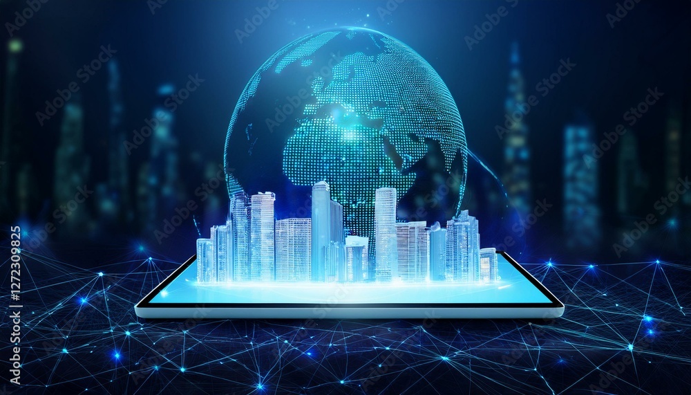 Poster digital tablet with global network connection technology and modern buildings hologram. generated im