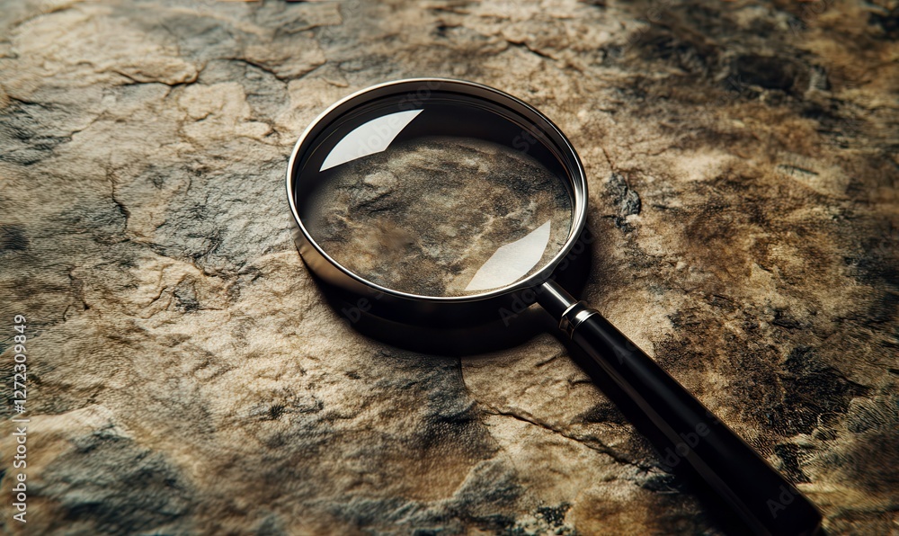 Poster magnifying glass placed on a textured stone surface, symbolizing discovery and exploration with subt