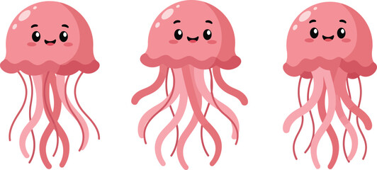 Cute pink jellyfish characters in playful poses in flat vector art