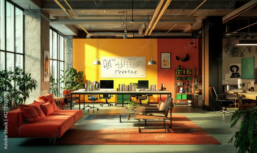 Aufkleber dynamic startup office with a vibrant color scheme, innovative projects in progress, and energetic t