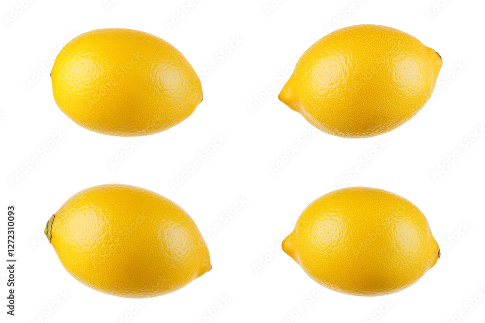 Poster four lemons are shown in a row, each with a different side facing the camera, isolated