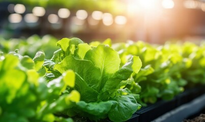 Eco-friendly vertical farm with rows of neatly arranged leafy greens growing under bright artificial light.