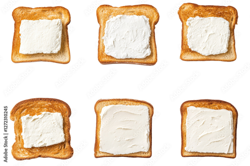Poster close up of six slices of toast with different spreads on them, isolated