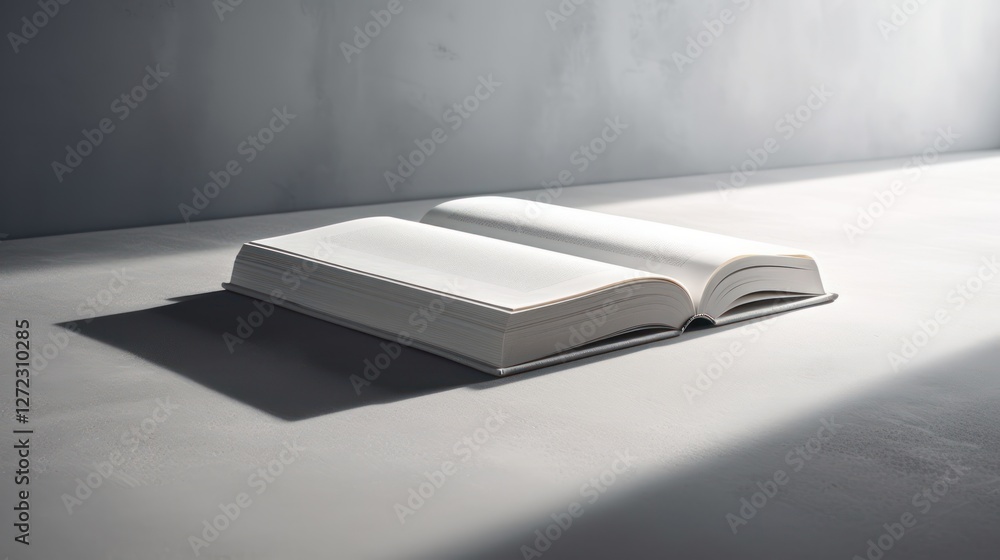 Poster minimalistic white book mockup on soft gray surface with clean lines and shadow for background use
