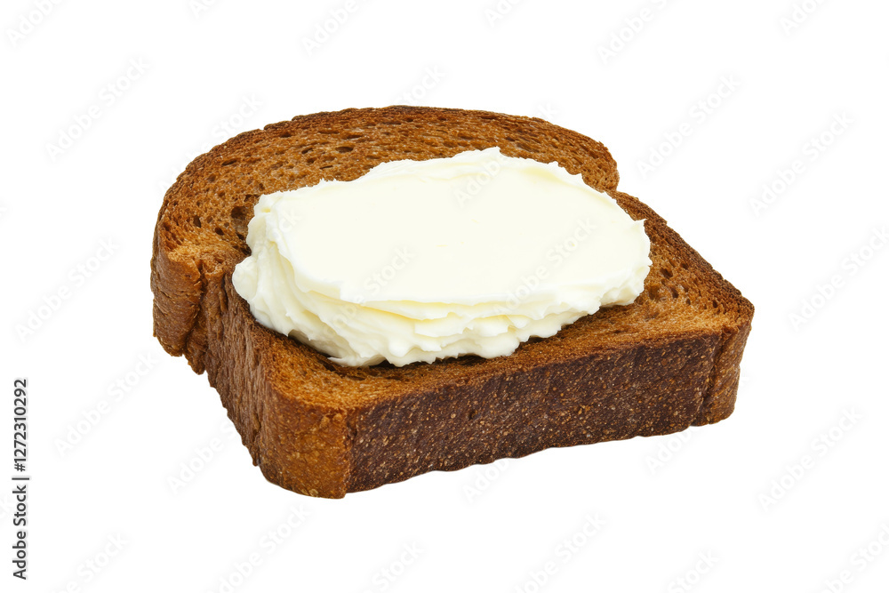 Poster slice of bread with a spread of butter on top, isolated
