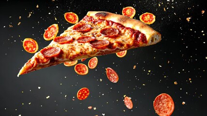Delicious slice of pepperoni pizza soaring on a black background, an enticing design, Ai Generated.