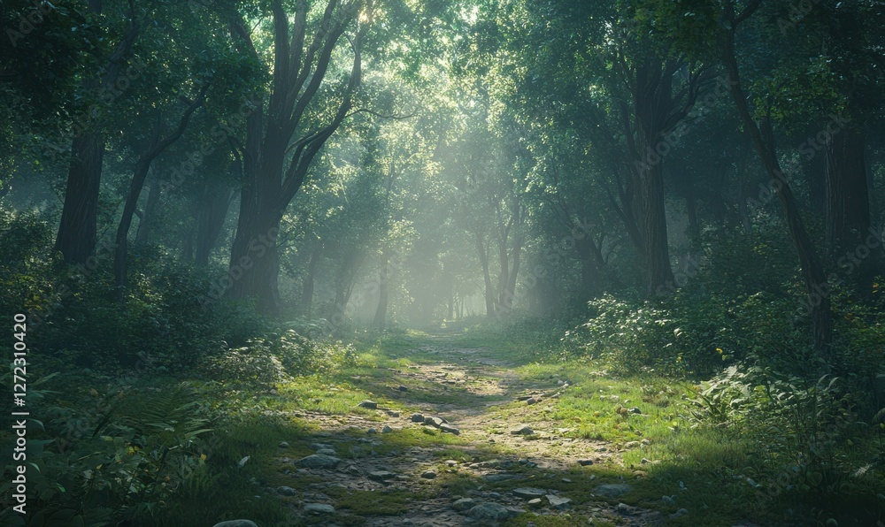 Poster misty forest path lined with tall, moss-covered trees and soft sunlight filtering through the canopy