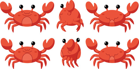 Cute red crab characters in playful poses with flat design style vector illustration