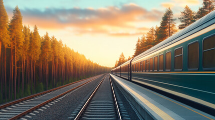 Sunset scene of a train traveling along a railway surrounded by trees.