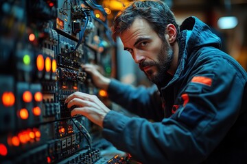 Closeup of Male Technician Adjusting Control Panel in Factory with Dramatic Lighting and Blurred Background